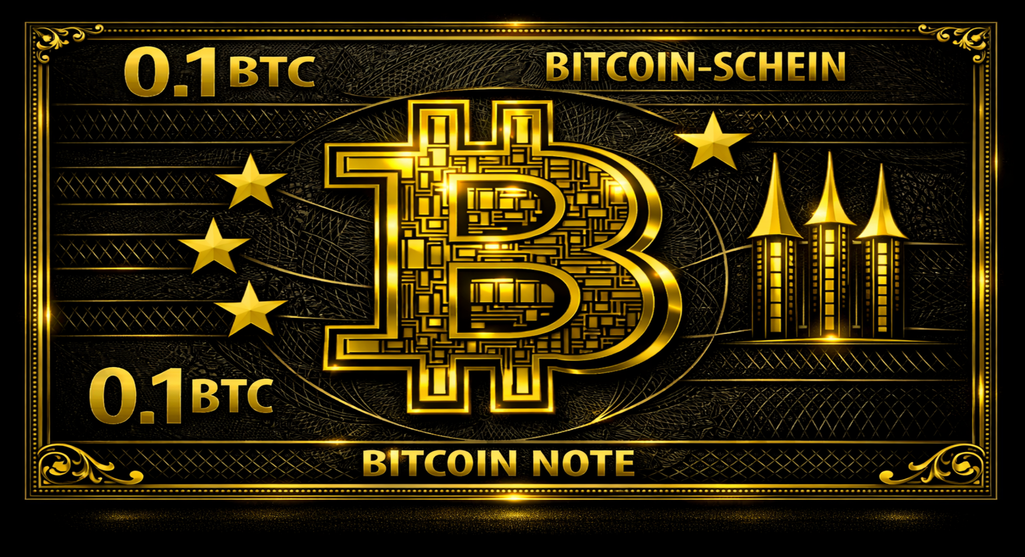 Vorderseite des Null-Euro-Scheins: 0.1 BTC Schein