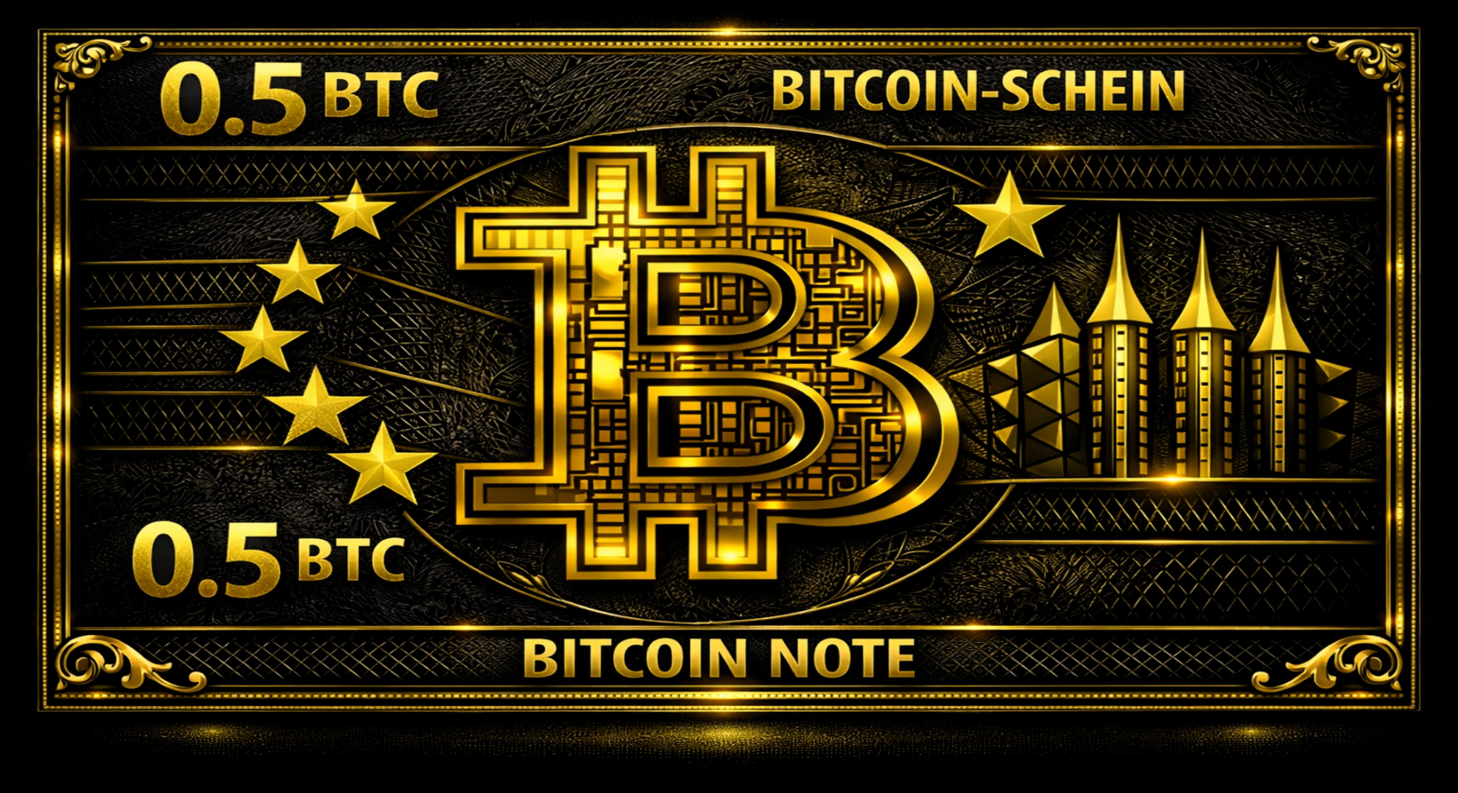 Vorderseite des Null-Euro-Scheins: 0.5 BTC Schein