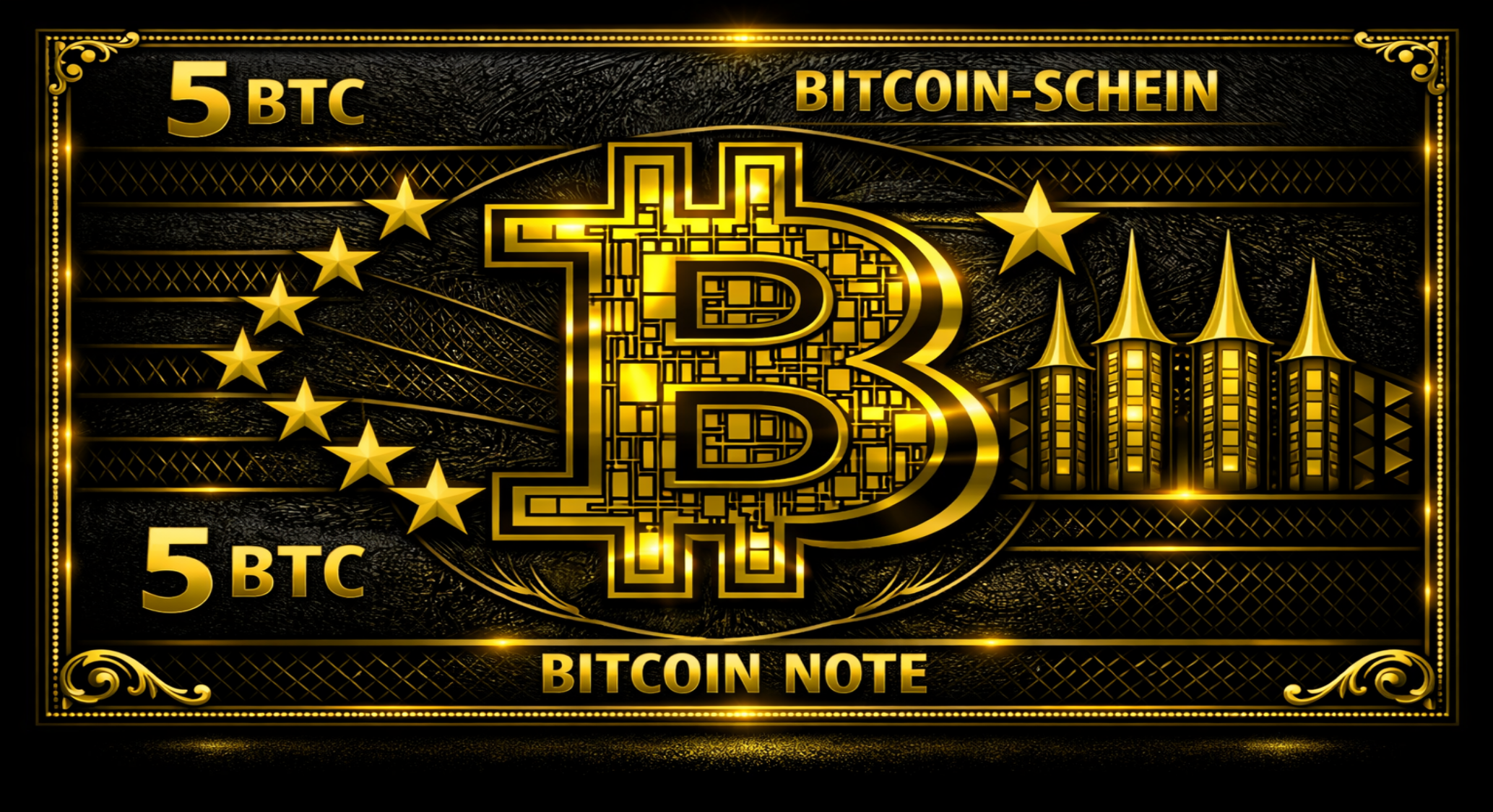 Vorderseite des Null-Euro-Scheins: 5 BTC Schein