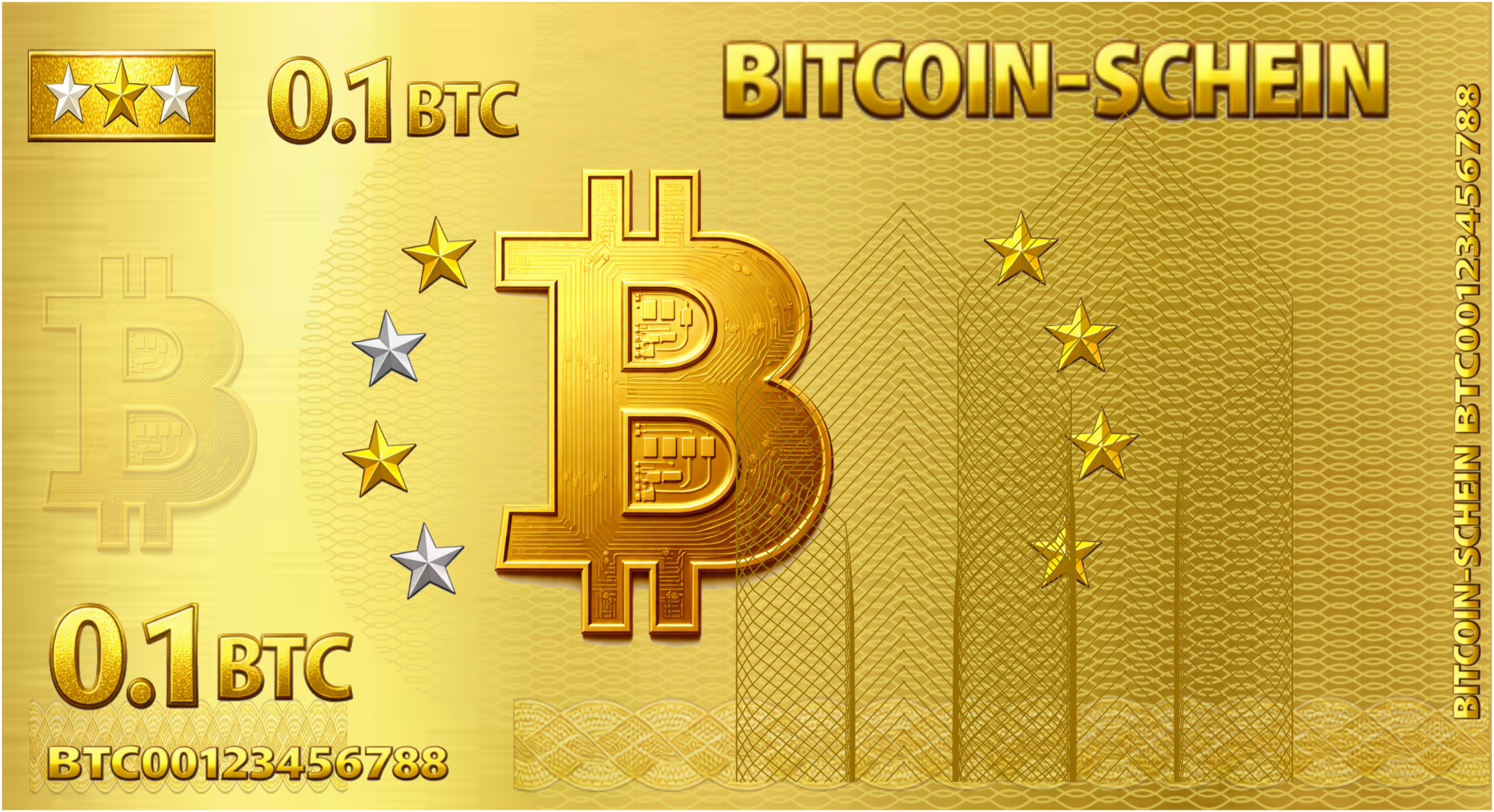 Vorderseite des Null-Euro-Scheins: 0.1 BTC Schein