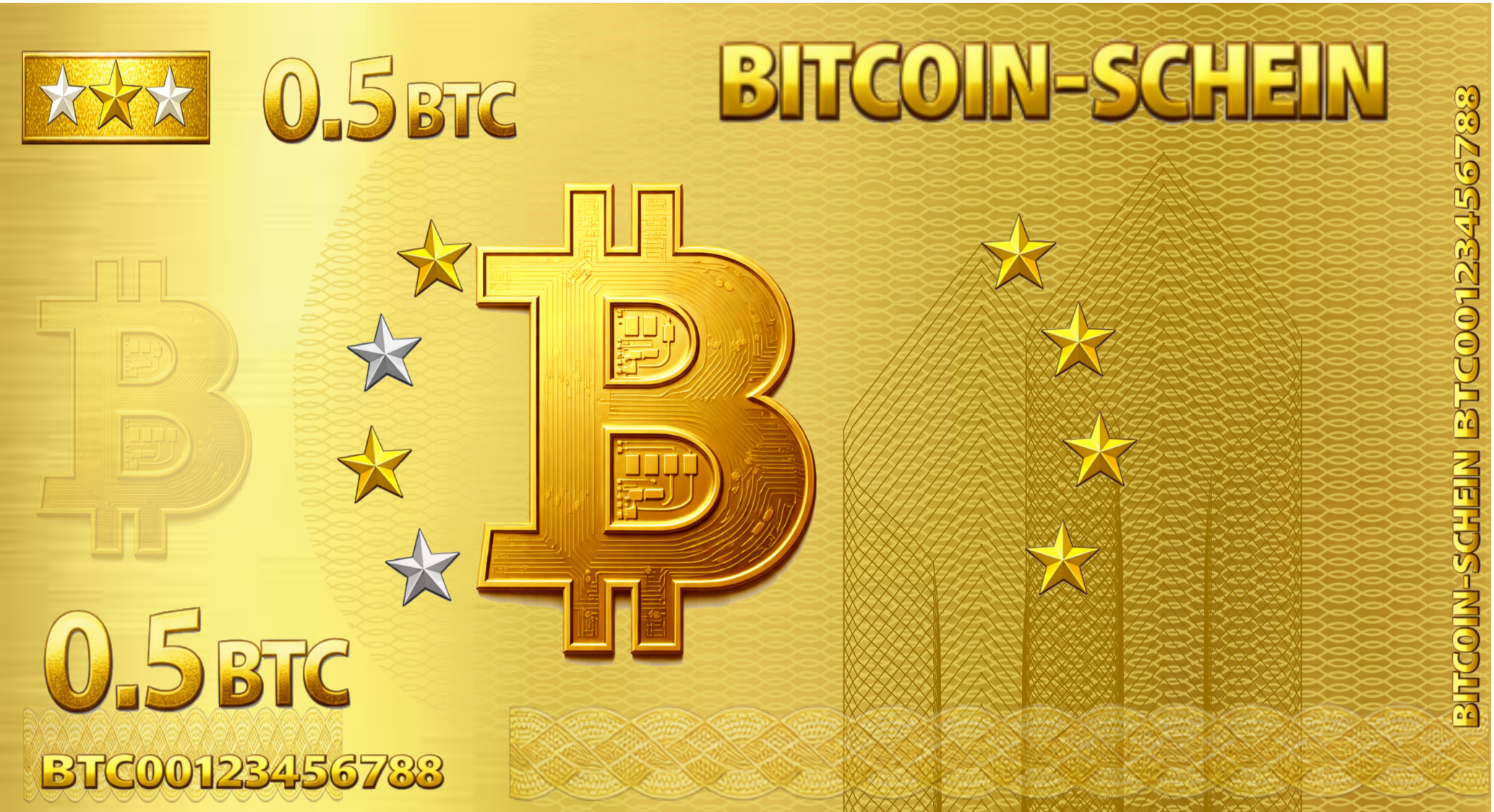 Vorderseite des Null-Euro-Scheins: 0.5 BTC Schein