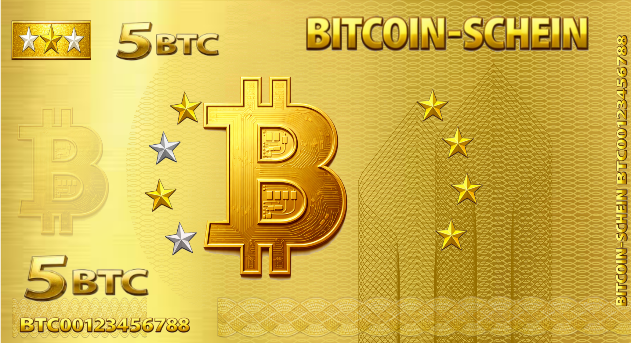 Vorderseite des Null-Euro-Scheins: 5 BTC Schein