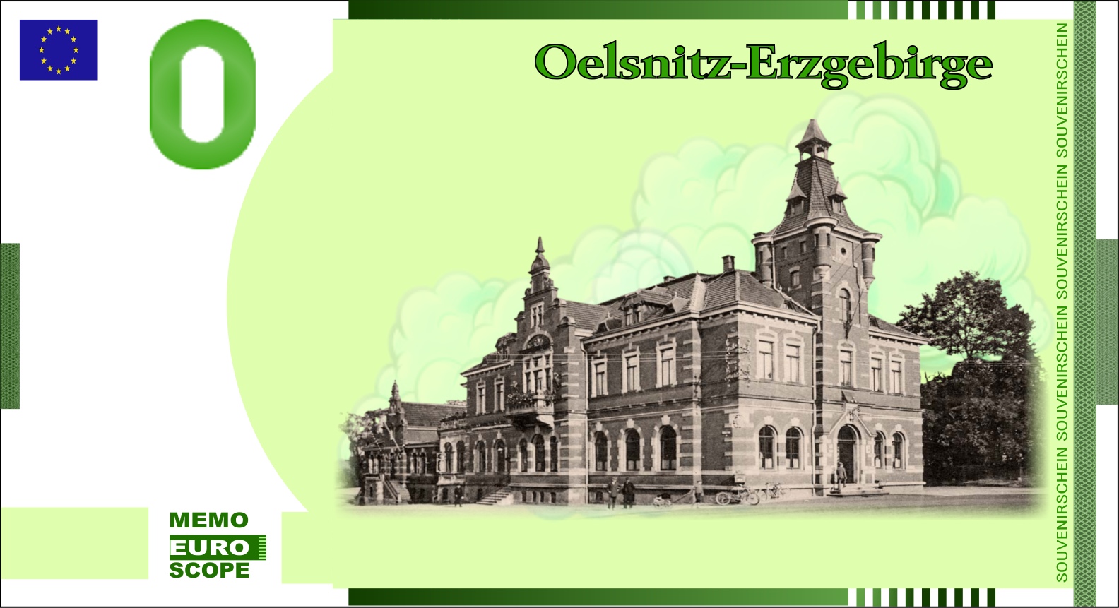 Vorderseite des Null-Euro-Scheins: Oelsnitz/Erzgebirge Grün