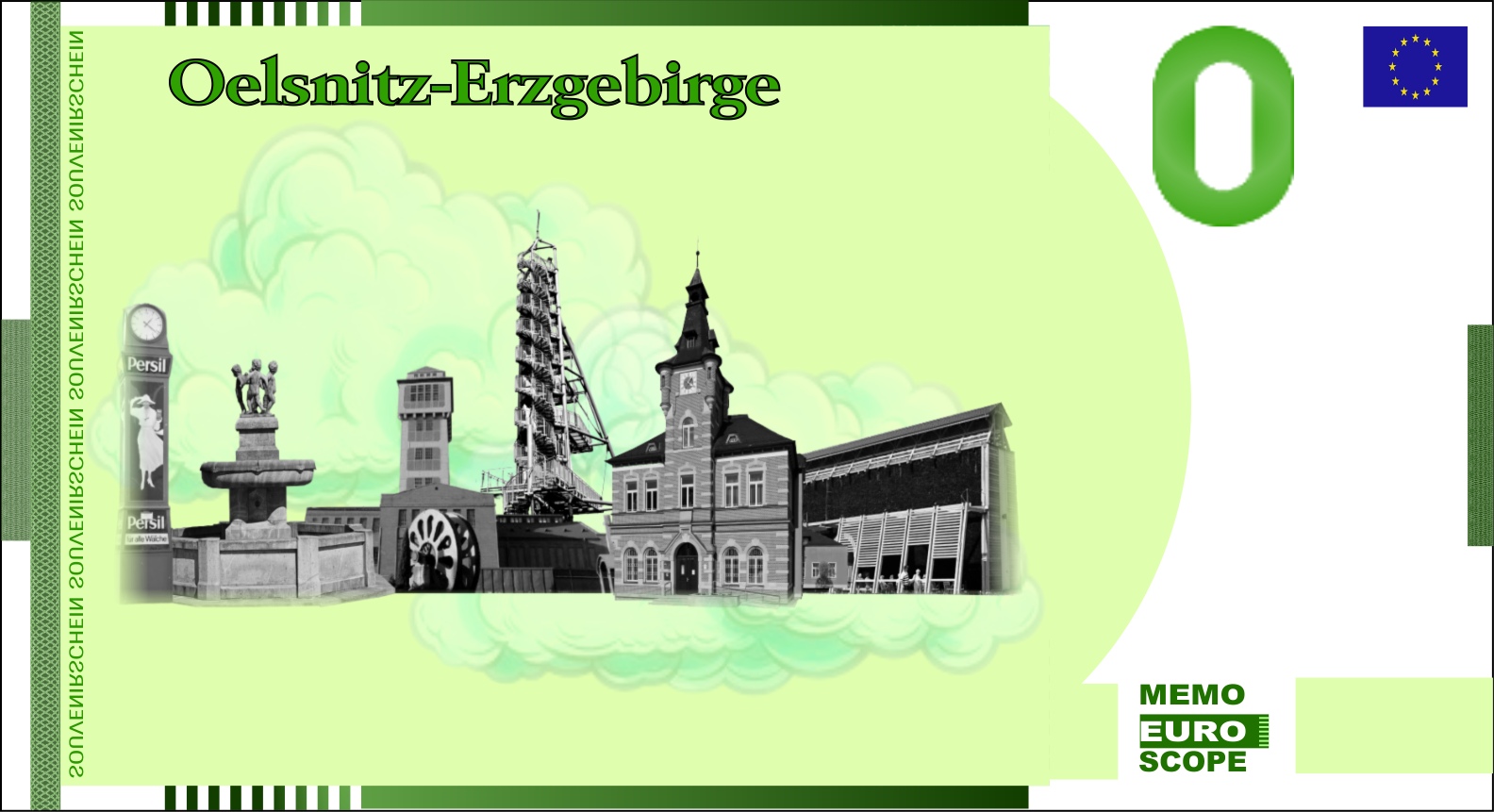 Rckseite des Null-Euro-Scheins: Oelsnitz/Erzgebirge Grün