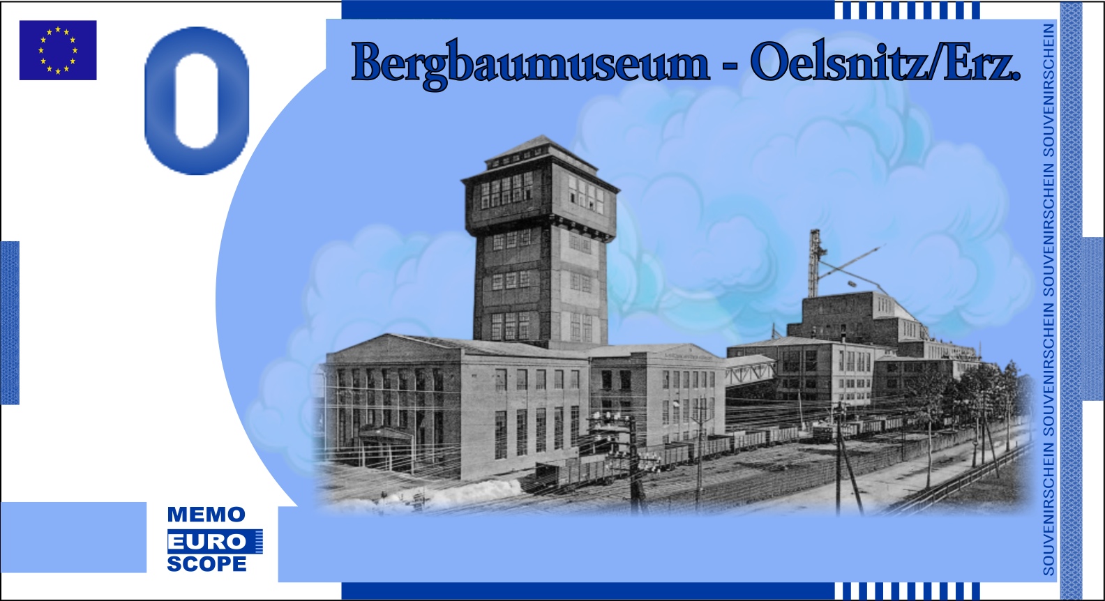 Vorderseite des Null-Euro-Scheins: Oelsnitz Bergbaumuseum Blau