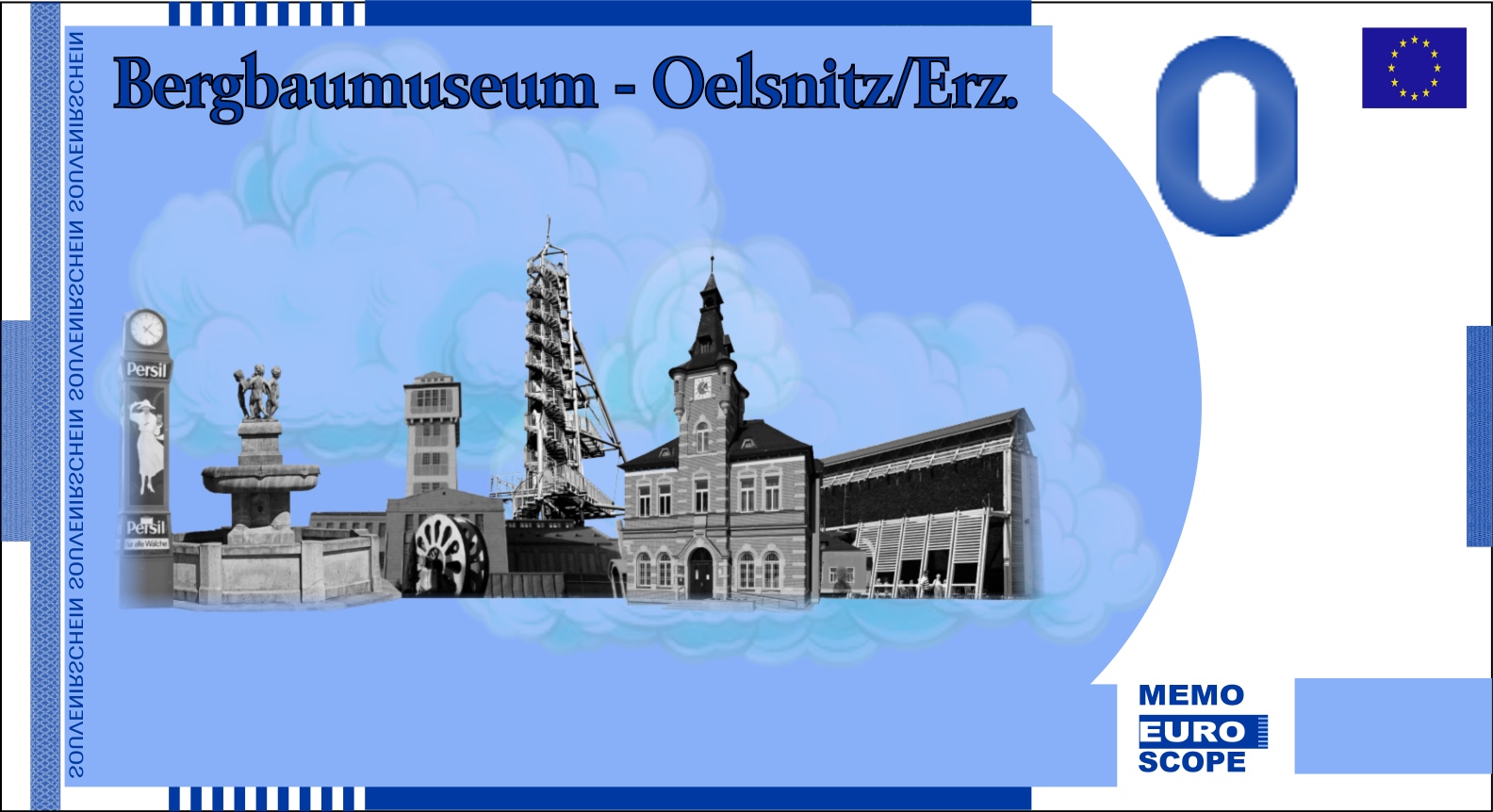 Rckseite des Null-Euro-Scheins: Oelsnitz Bergbaumuseum Blau