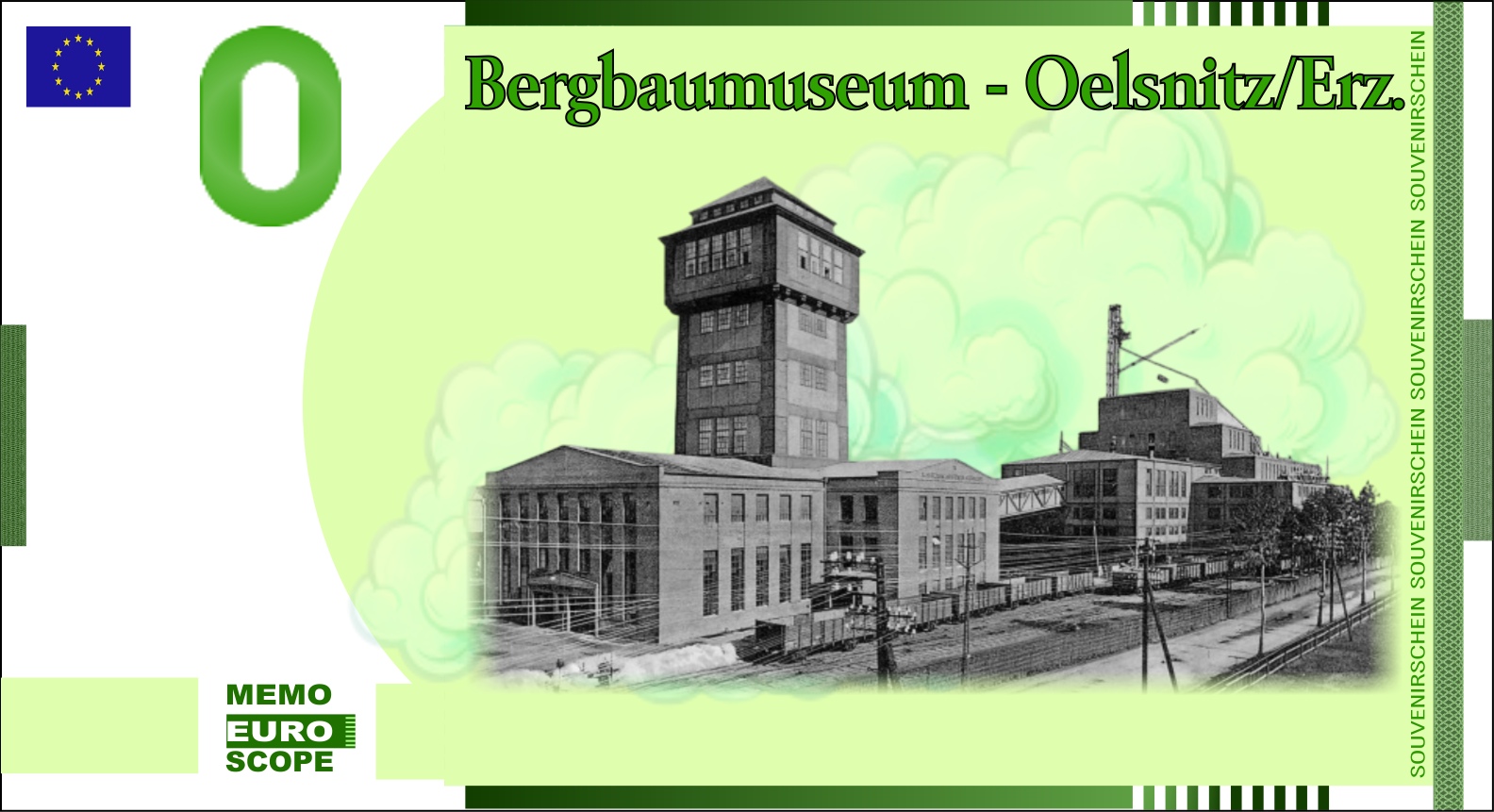 Vorderseite des Null-Euro-Scheins: Oelsnitz Bergbaumuseum Grün