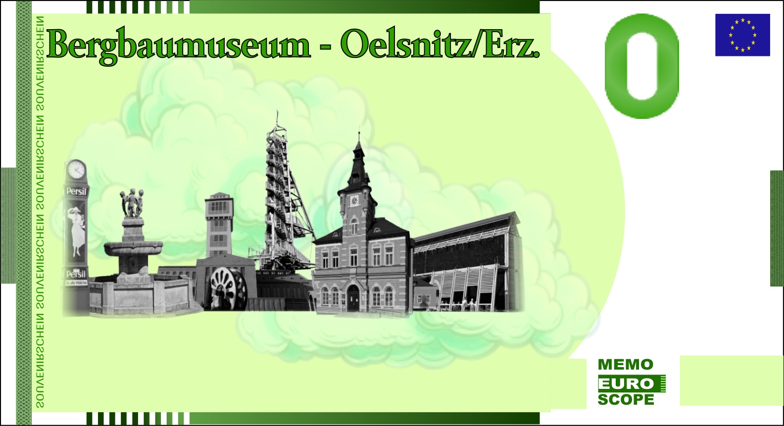 Rckseite des Null-Euro-Scheins: Oelsnitz Bergbaumuseum Grün